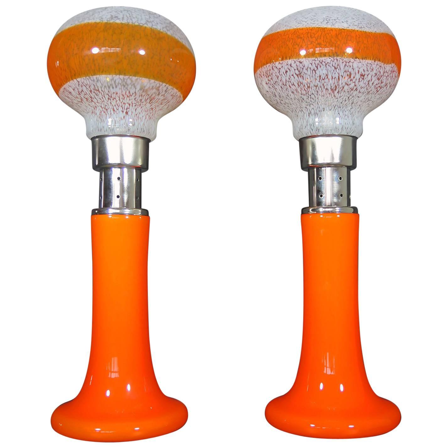 Mazzega White Orange Bubble Glass Floor Lamps For Sale