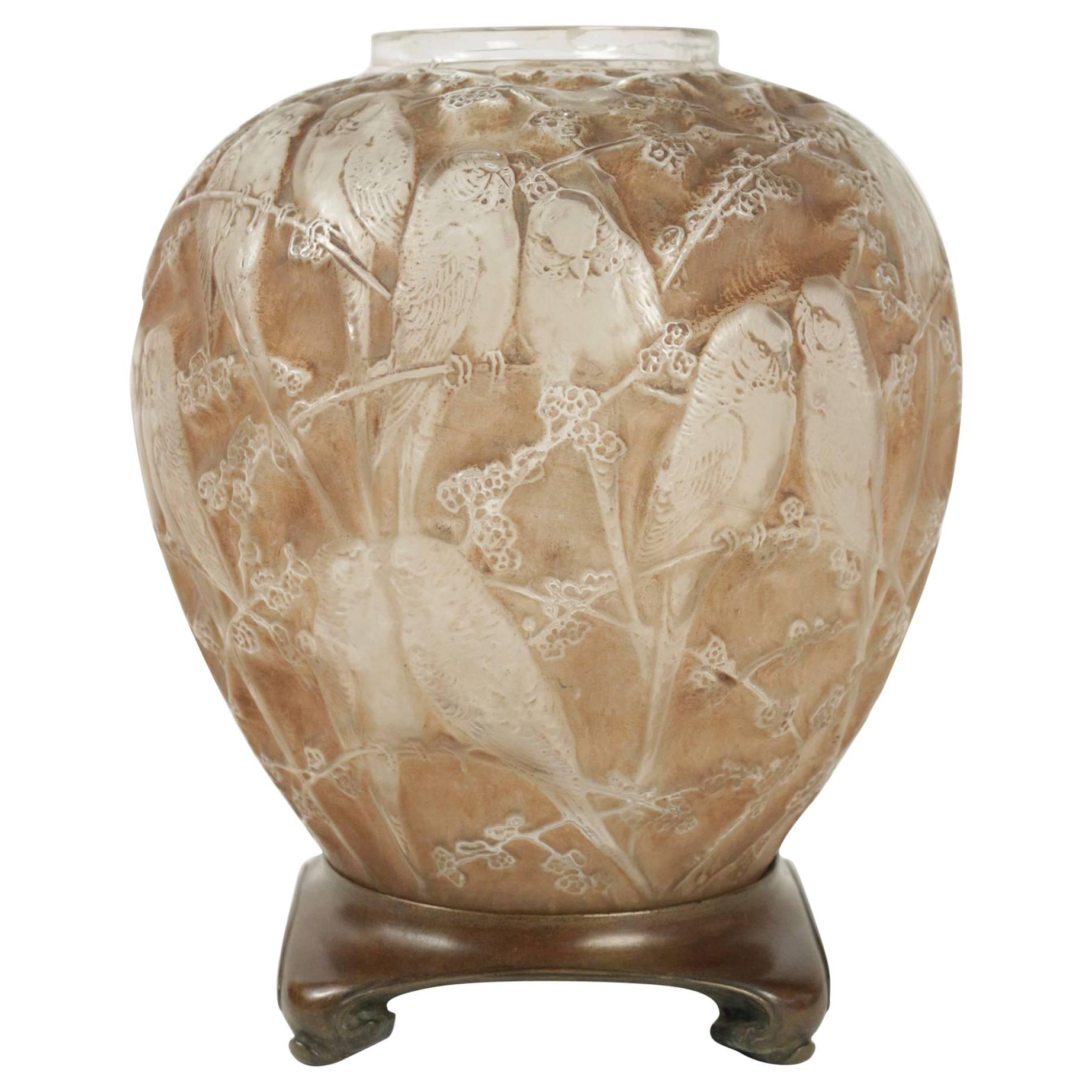 Rene Lalique Frosted and Sepia Stained Vase "Perruches"