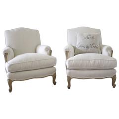 Pair of French Louis XV Style Linen Upholstered Club Chairs