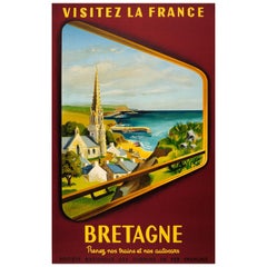 Affiche rétro originale de voyage en chemin de fer de la SNCF « Visitez la France - Bretagne » en train