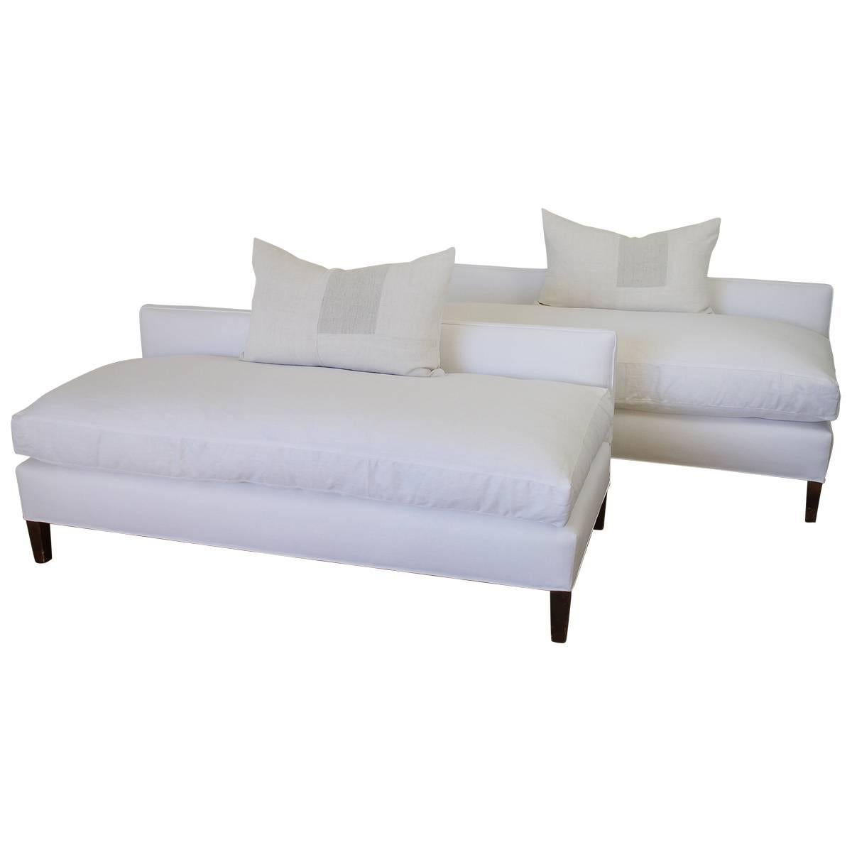 Mid-Century Modern White Linen Upholstered Bench with Down Cushion