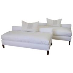 Vintage Mid-Century Modern White Linen Upholstered Bench with Down Cushion