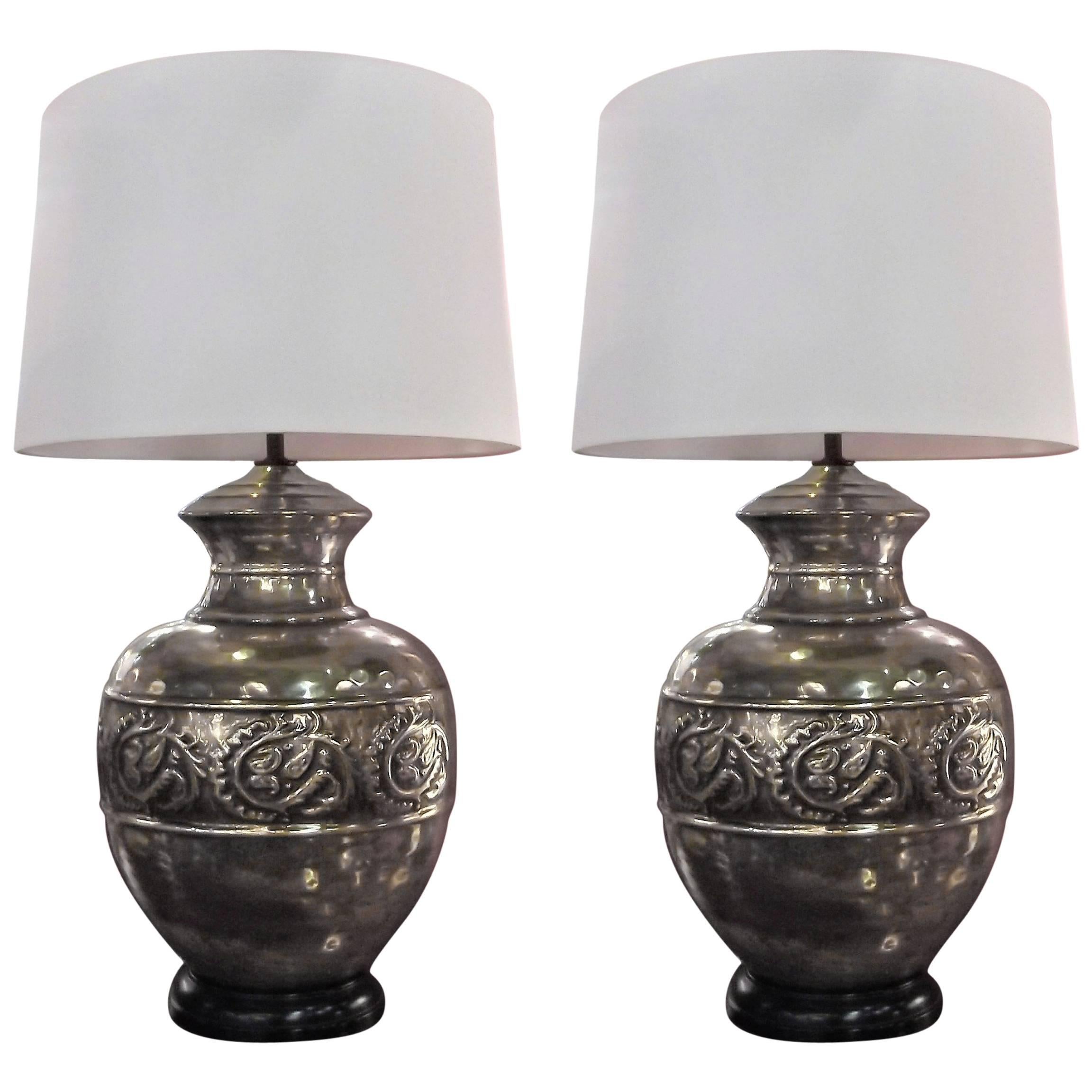 Pair of Metallic Glazed Pottery Urn Lamps