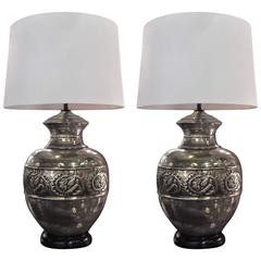 Pair of Metallic Glazed Pottery Urn Lamps 2