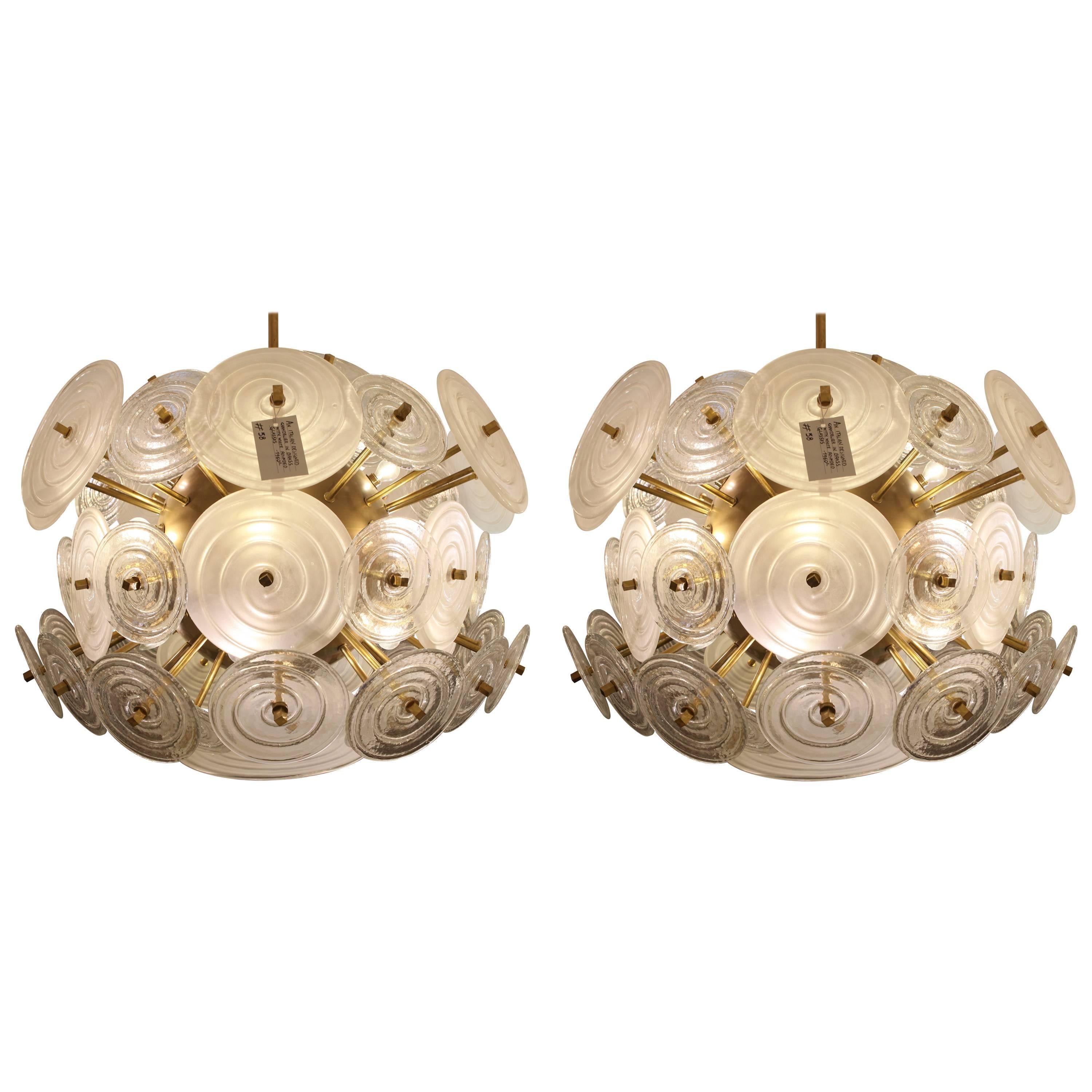 Pair of Italian Brass Chandeliers with Round White Glasses