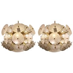 Pair of Italian Brass Chandeliers with Round White Glasses 3