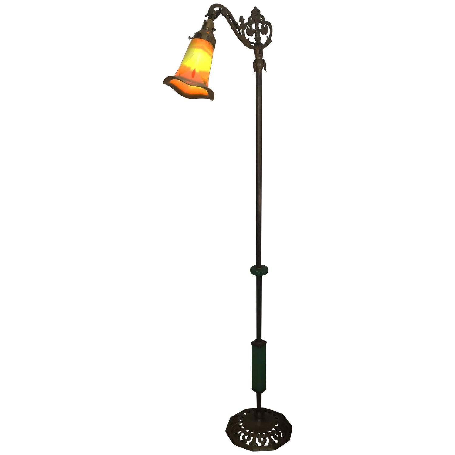 Art Nouveau American Bridge Floor Standard Lamp with Pulled Feather