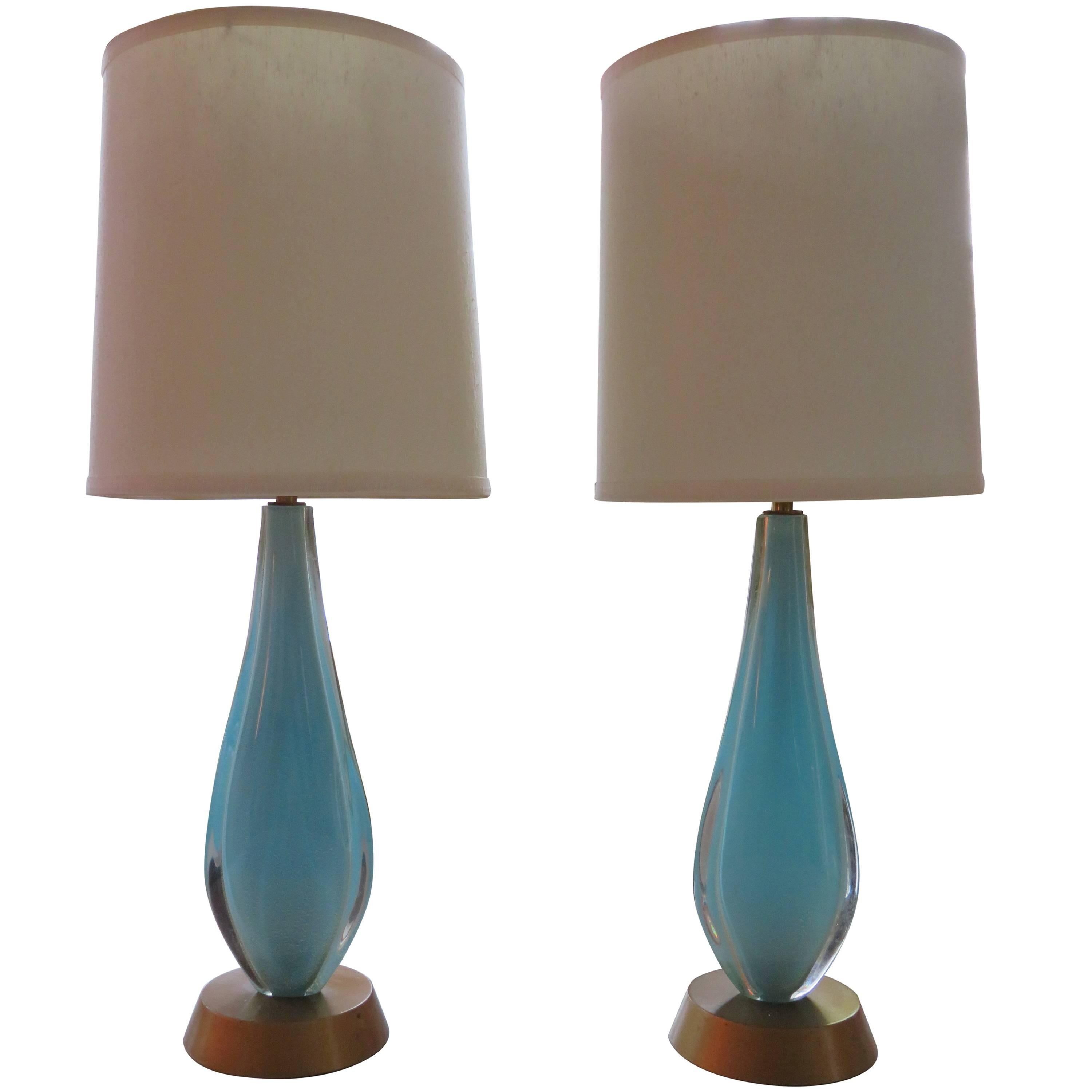 Magical Pair Turquoise Gold Fleck Murano Lamps, style of Flavio Poli for Seguso