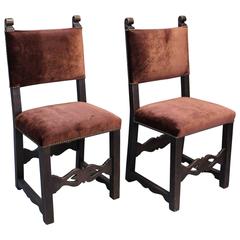 Pair of 1920s Carved Walnut Wood Side Chairs