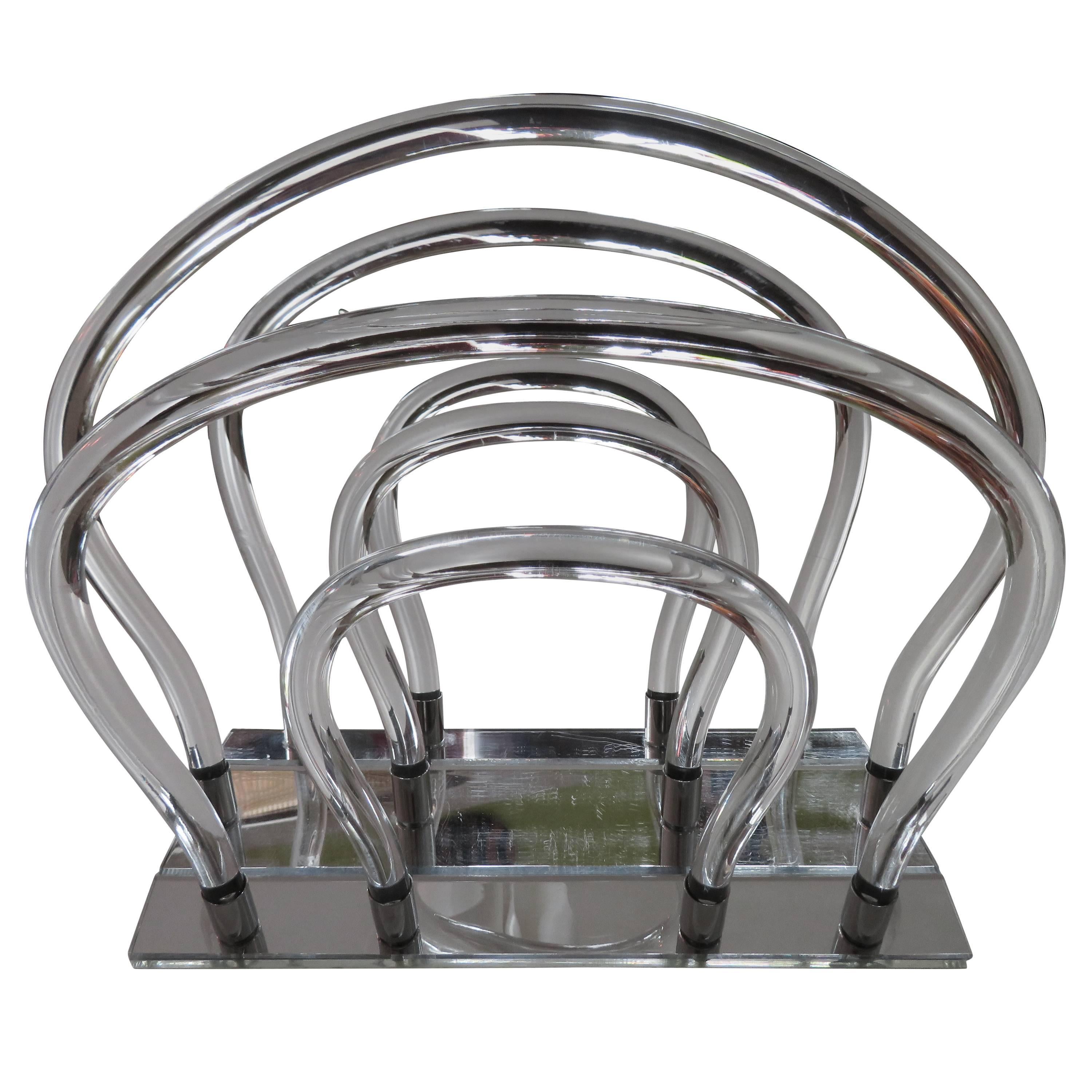 Dorothy Thorpe Lucite, Chrome and Mirror Magazine Rack For Sale