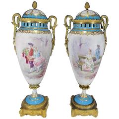 Antique French Sevres Pair of Bronze and Porcelain Urns