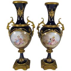 19th Century Antique French Sèvres Pair of Porcelain and Bronze Urns