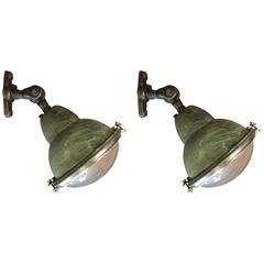 Pair of Large Copper Vertigris Wall or Barn Lights with Original Glass