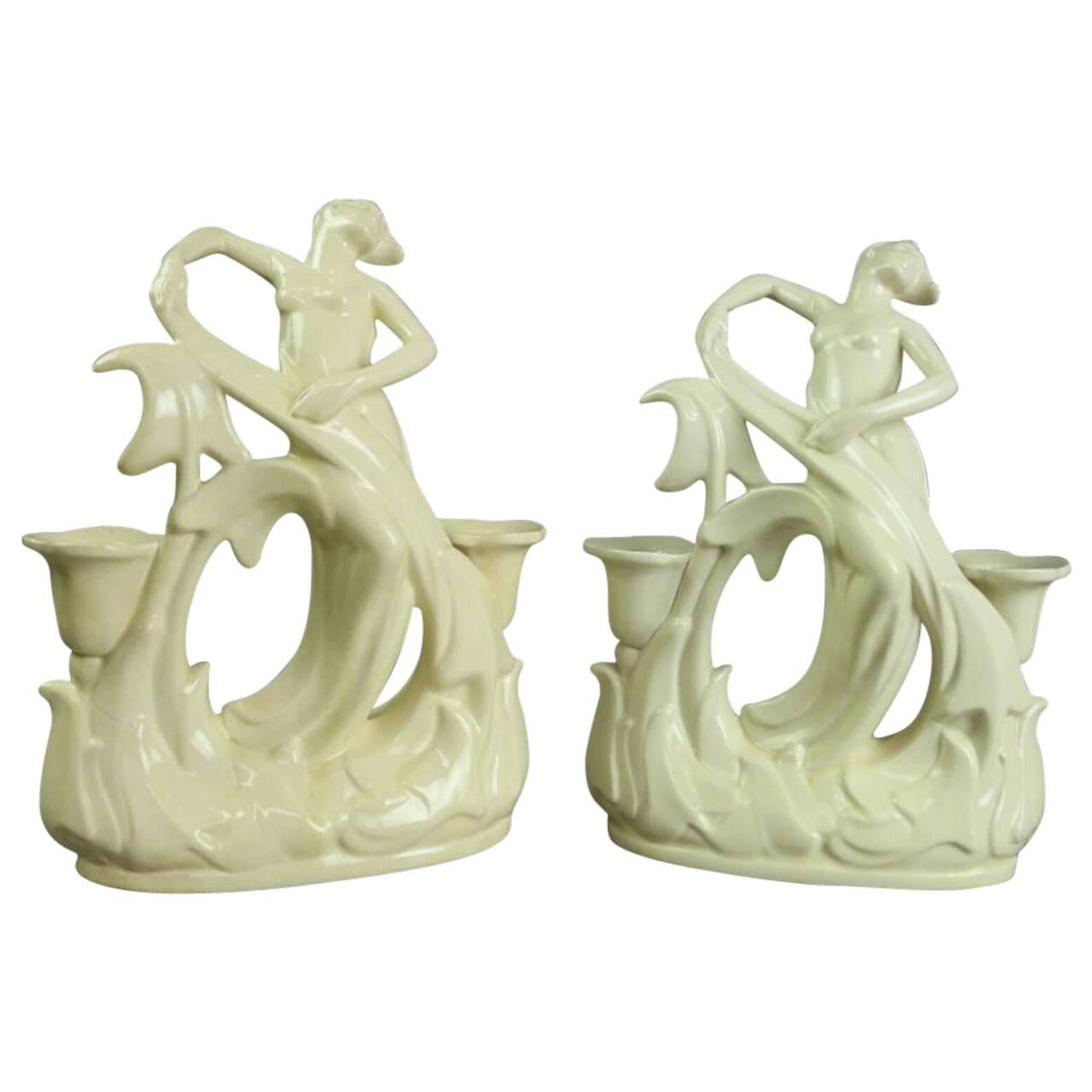 Pair of Art Deco Cowan Pottery Figural Candelabra, circa 1930