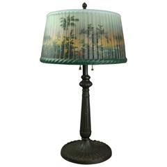 Antique Pittsburgh Lamp Reverse Painted with Jungle Scene on Pleated Glass Shade