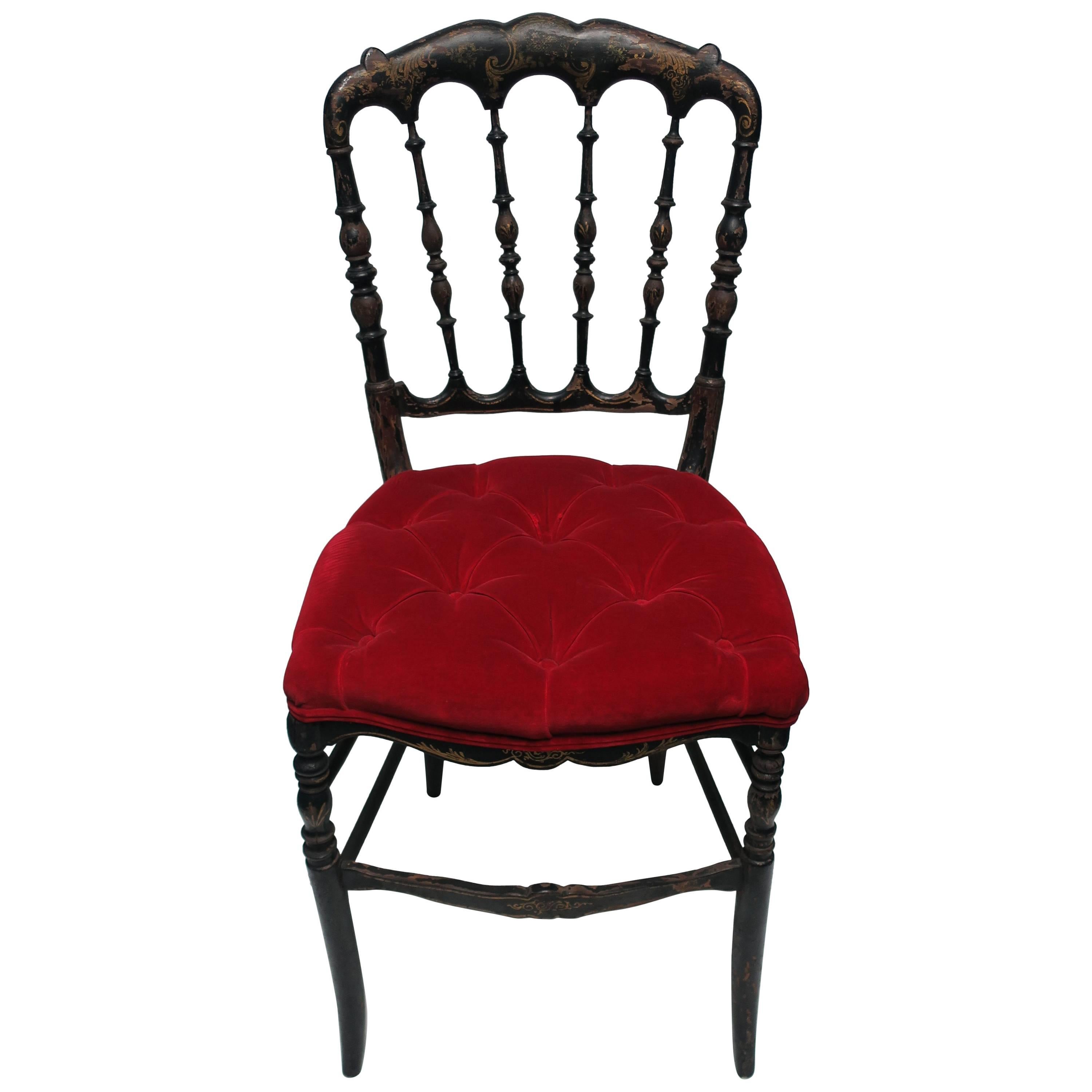 Antique English Chiavari Black Wood and Red Velvet Chair