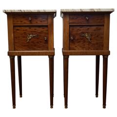 Antique Pair of Empire Style Nightstands Bedside Cabinets, Gilt Bronze & Marble