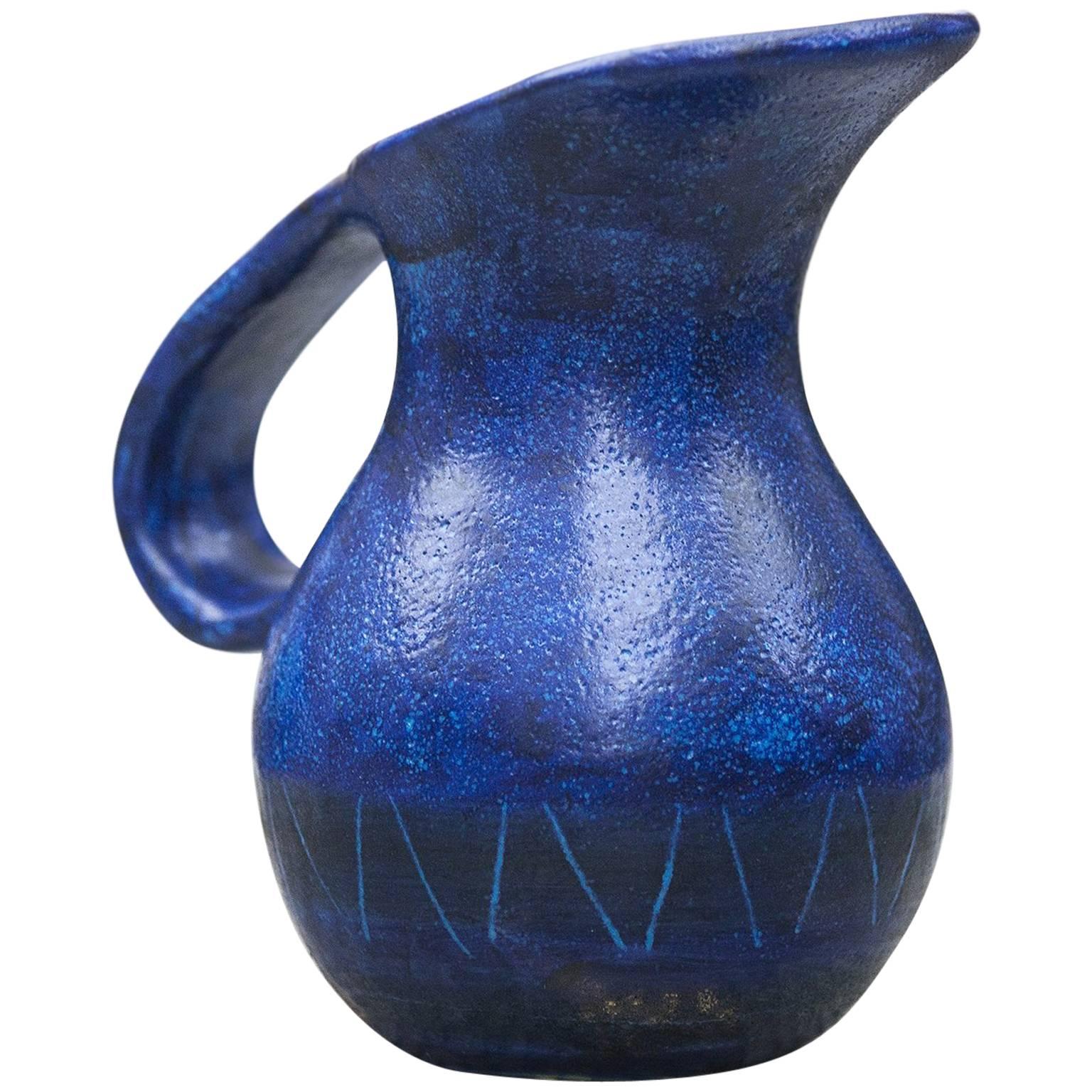 Vintage Blue Ceramic Glazed Pouring Pitcher Made In Italy 7