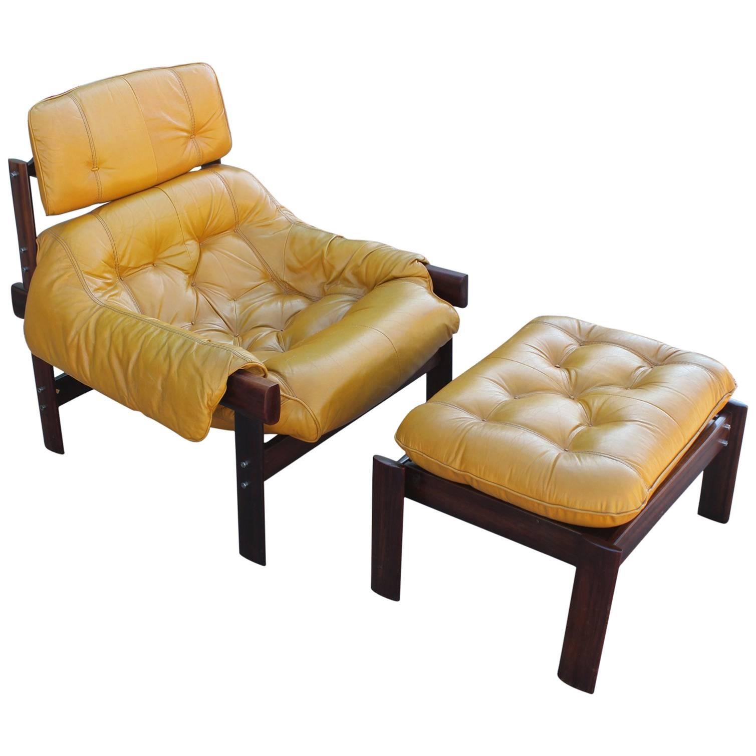 Percival Lafer Brazilian Mustard Yellow Lounge Chair with Ottoman