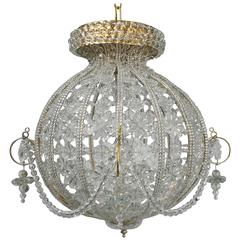 Beaded Crystal and Gilt Metal Baguès Style Mid-Century Circular Chandelier