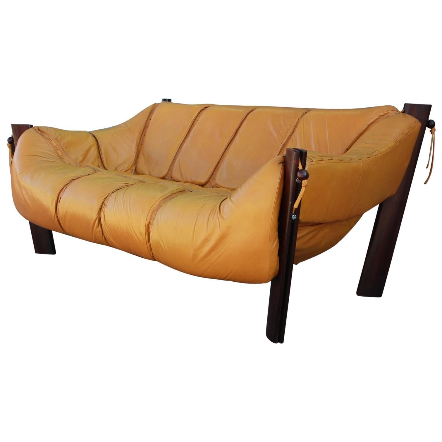 Yellow Leather Brazilian Percival Lafer Two-Seat Sofa or Loveseat
