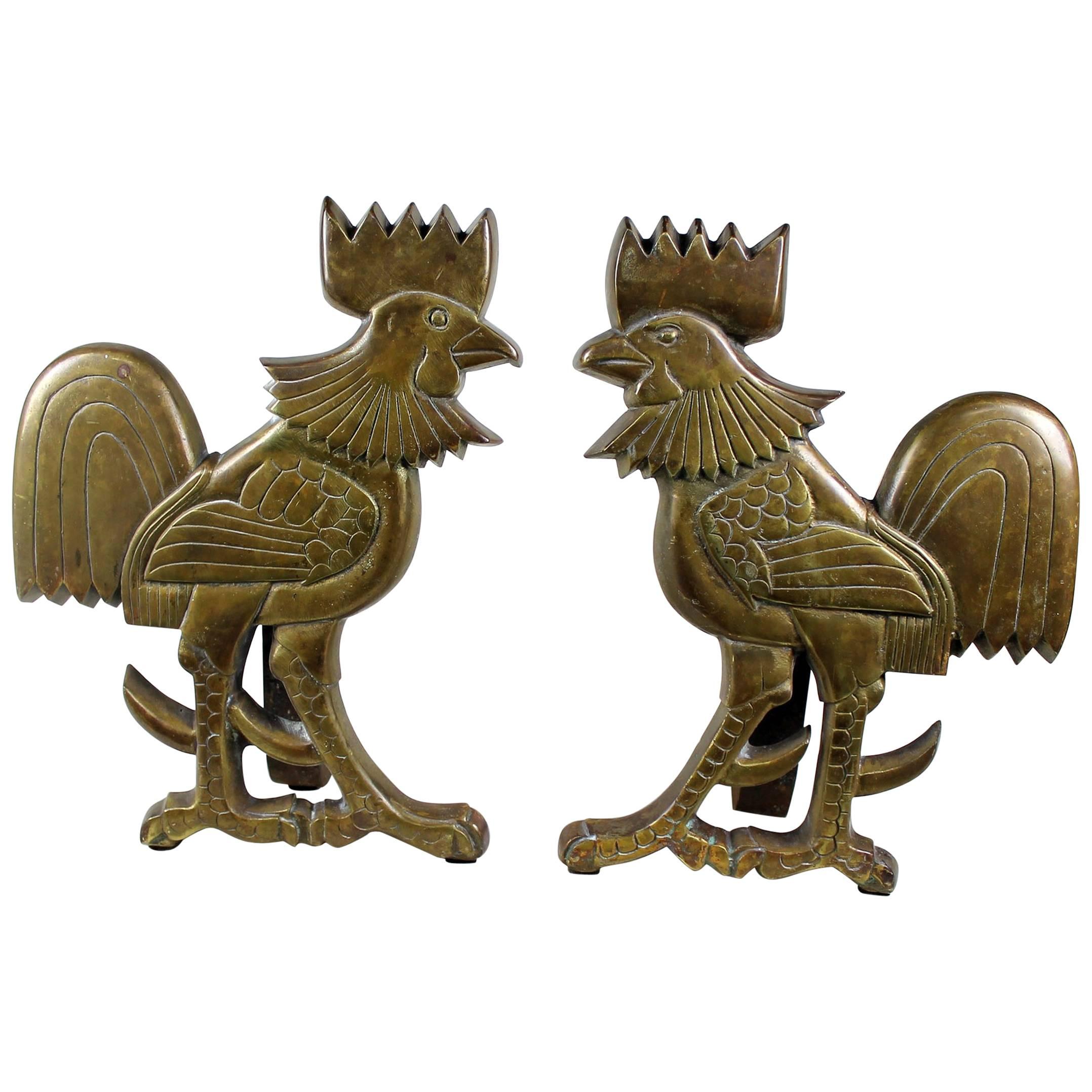 Vintage Rooster Andirons Solid Brass