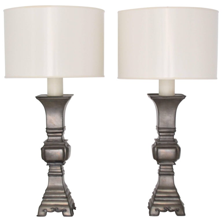 Pair of MidCentury Pewter Candlestick Table Lamps For Sale at 1stdibs
