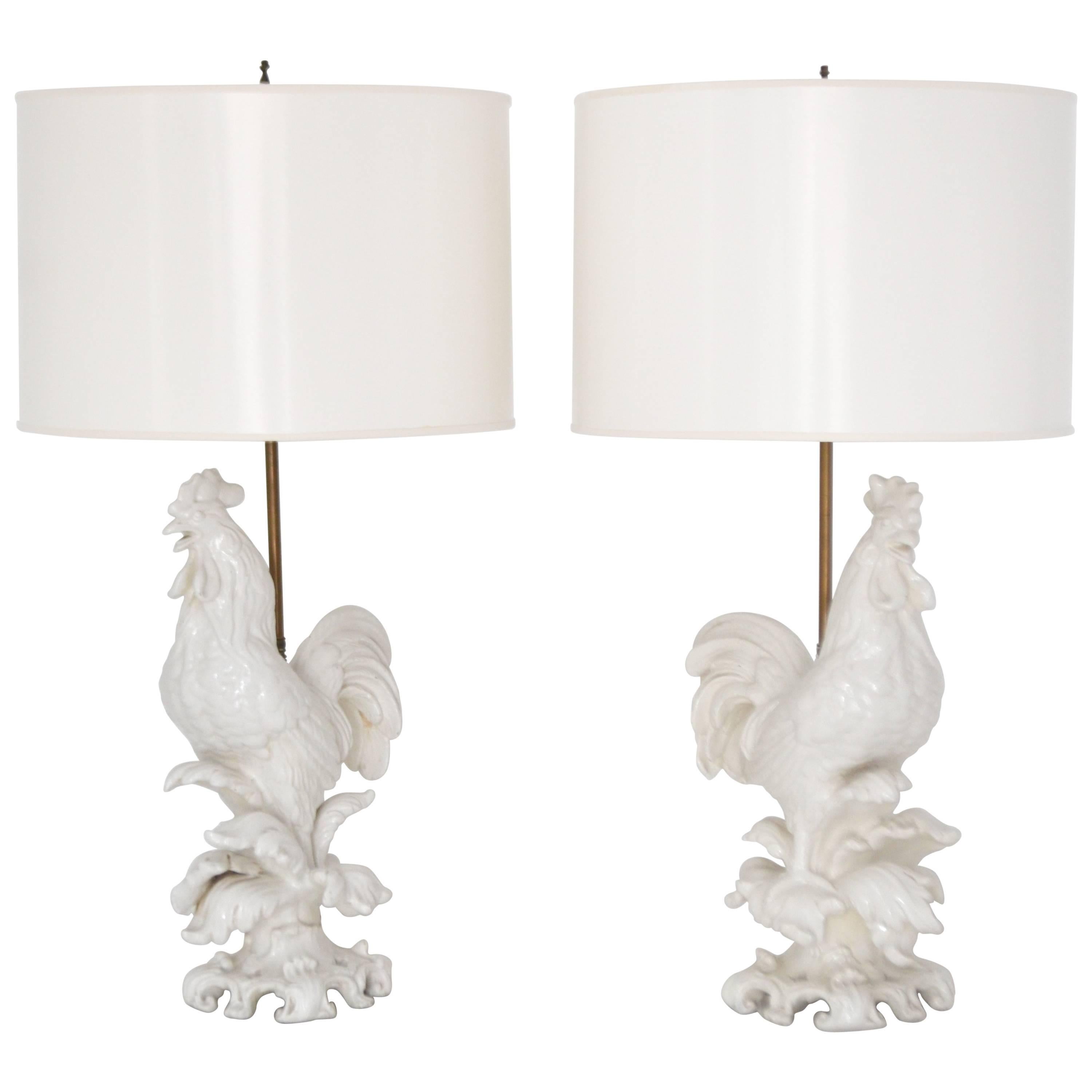 Pair of Midcentury Blanc de Chine Ceramic Rooster Form Table Lamps For Sale