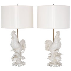 Pair of Midcentury Blanc de Chine Ceramic Rooster Form Table Lamps