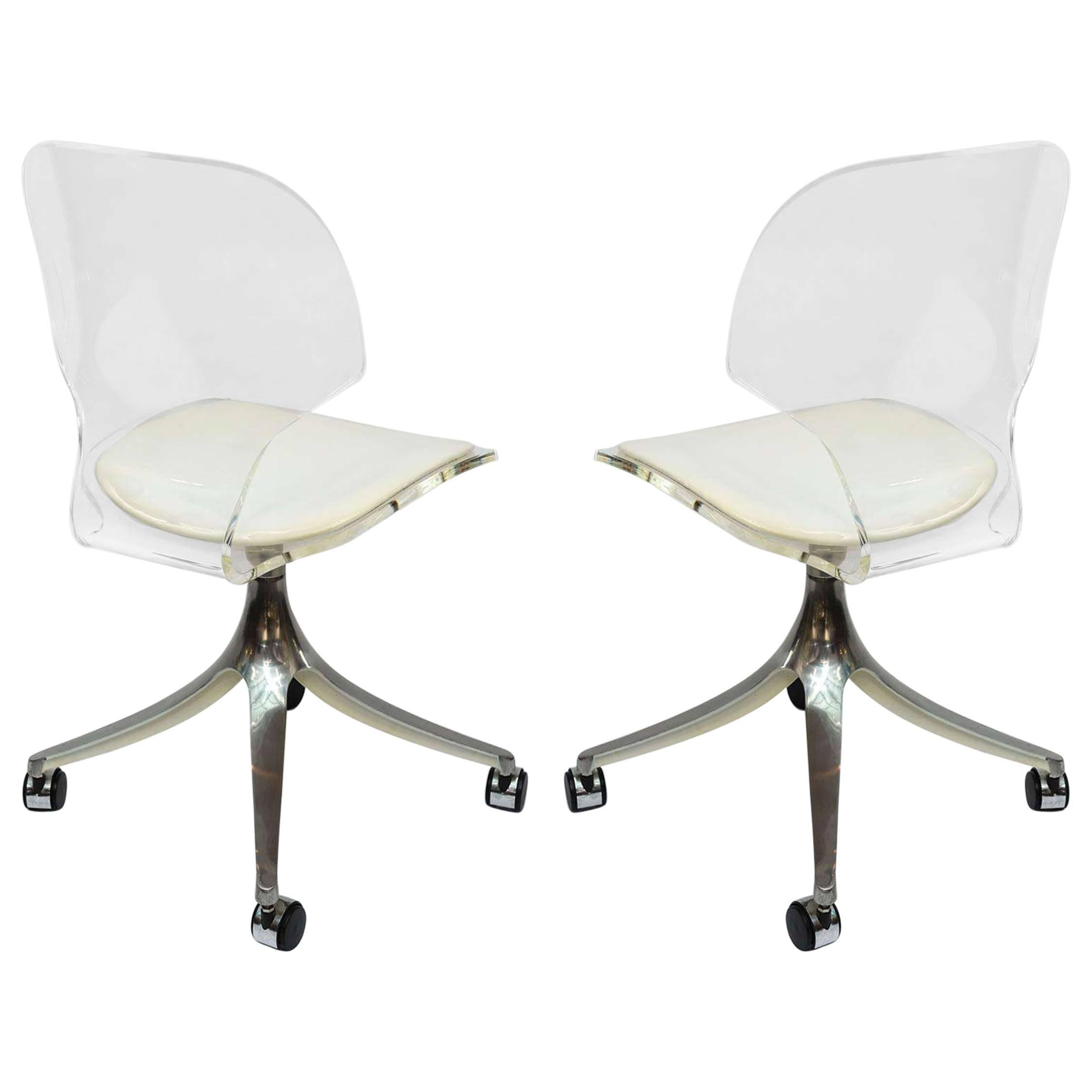 Gorgeous Pair of Hill Lucite Chrome Swivel Side Chairs Rolling