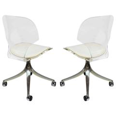 Gorgeous Pair of Hill Lucite Chrome Swivel Side Chairs Rolling
