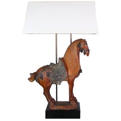 Monumentale cheval de style dynastie Tang monté comme une lampe