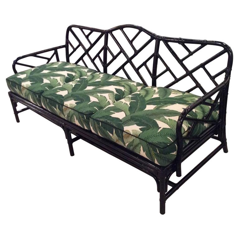 Rattan Chinese Chippendale Sofa Newly Lacquered And Upholstered Rattan Chinese Chippendale Sofa Newly Lacquered And Upholstered Tropical Leaf For