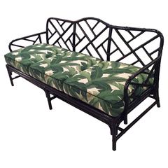 Rattan Chinese Chippendale Sofa Newly Lacquered and Upholstered Tropical Leaf 
