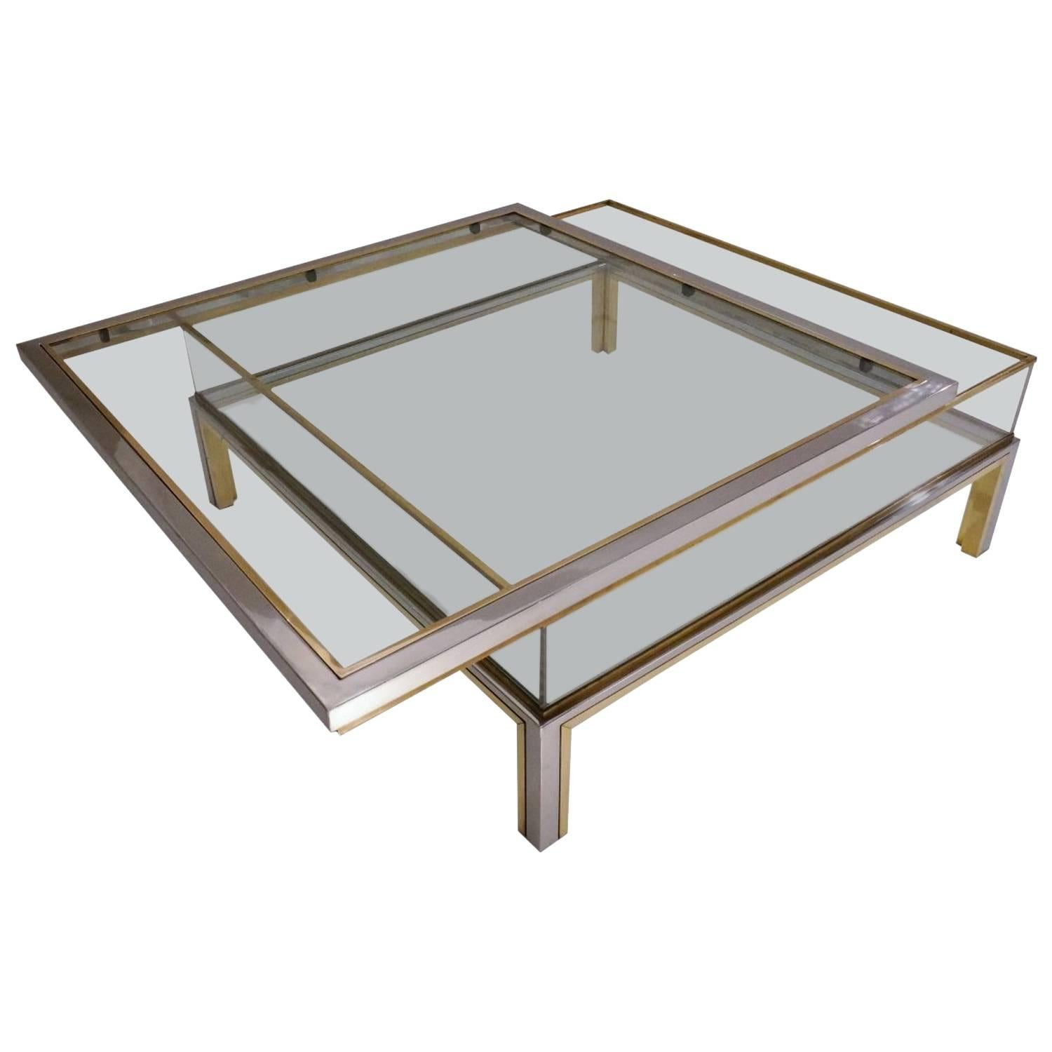 Romeo Rega Signed Coffee Table Sliding Top, Brass and Chrome, 1970s