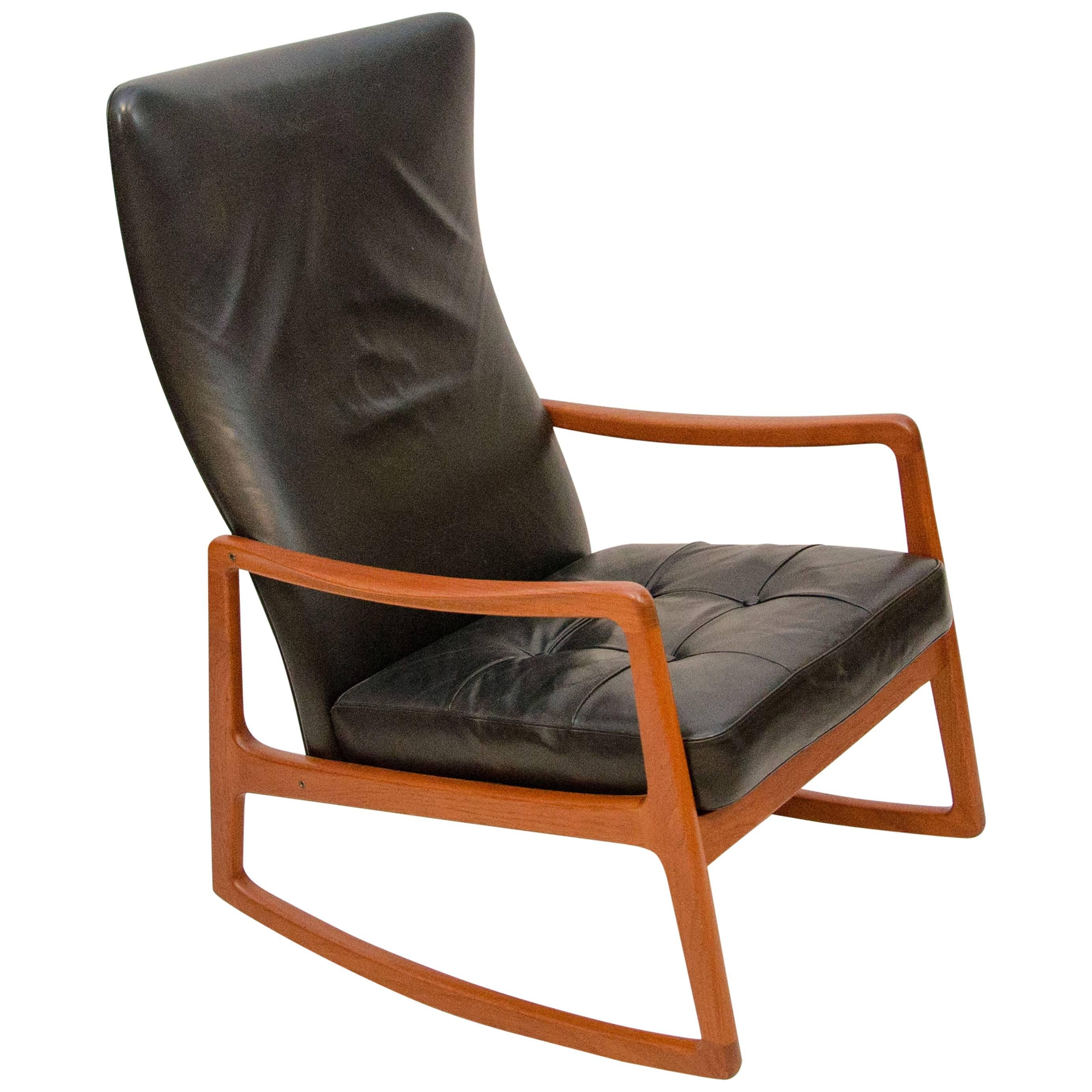 Danish Teak and Leather High Back Rocking Chair by Ole Wanscher For Sale
