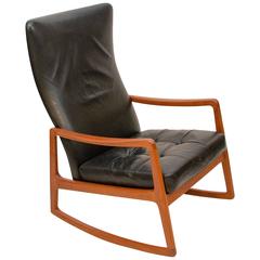 Danish Teak and Leather High Back Rocking Chair by Ole Wanscher 8