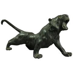 19th Century, Japanese Meiji Bronze Model of a Tiger with Glass Eyes