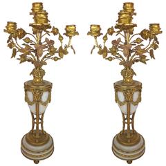 Turn of the Last Century Antique Doré Bronze and Marble Candelabra, Pair