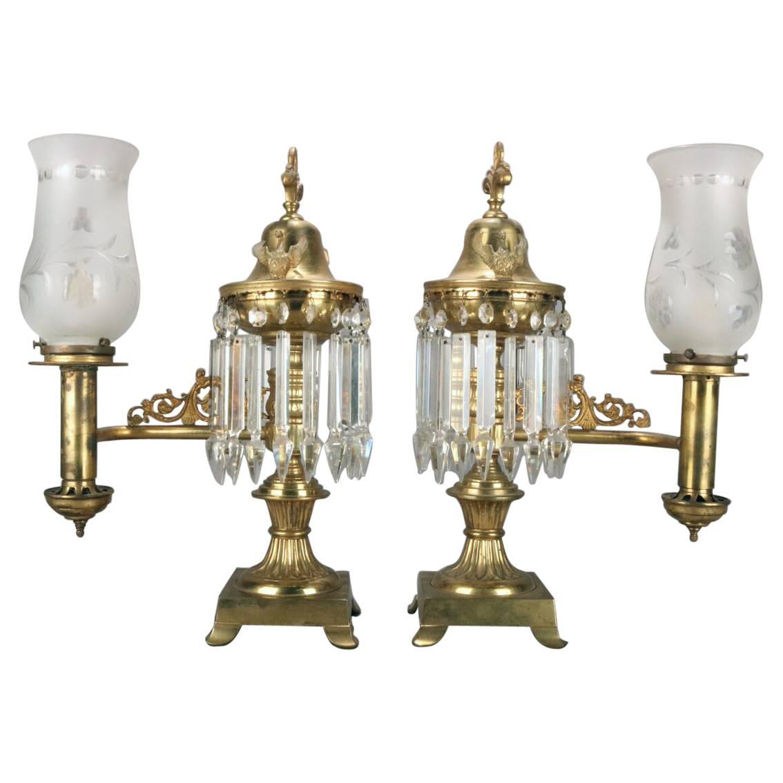 Pair of Bronze and Crystal Electrified Astral Dragon Lamps, circa 1840