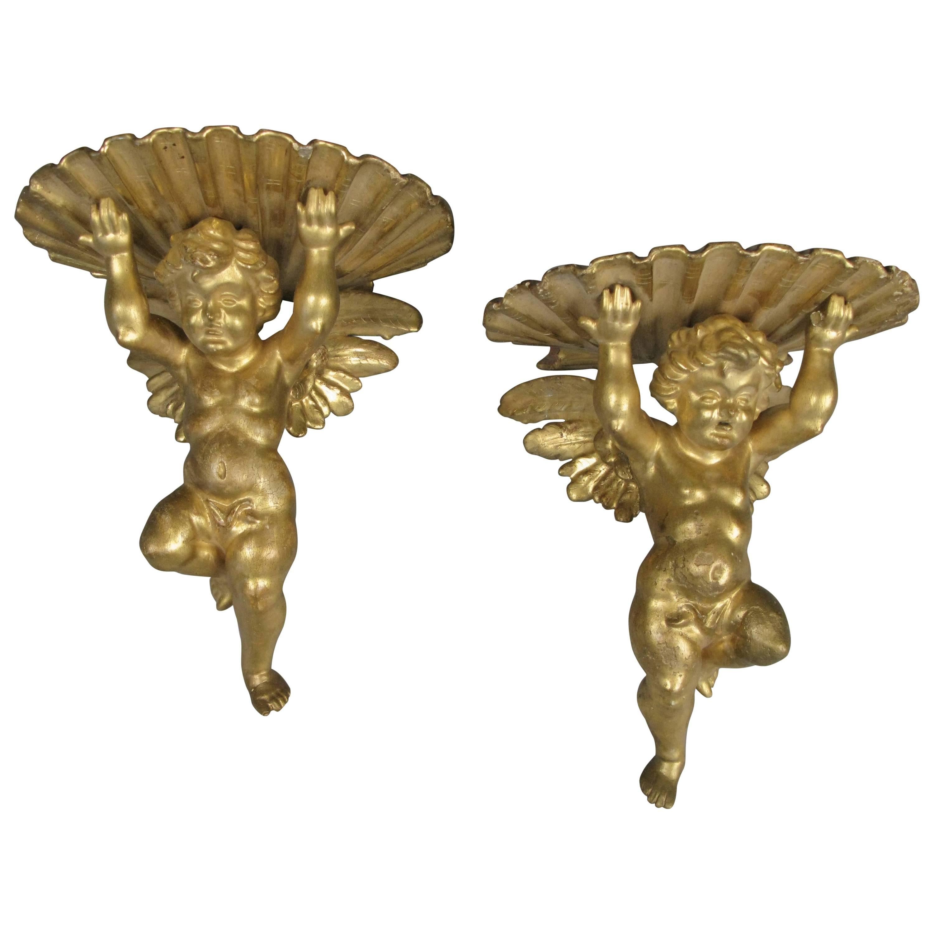 Pair of 19th Century Carved and Gilded Putti Brackets
