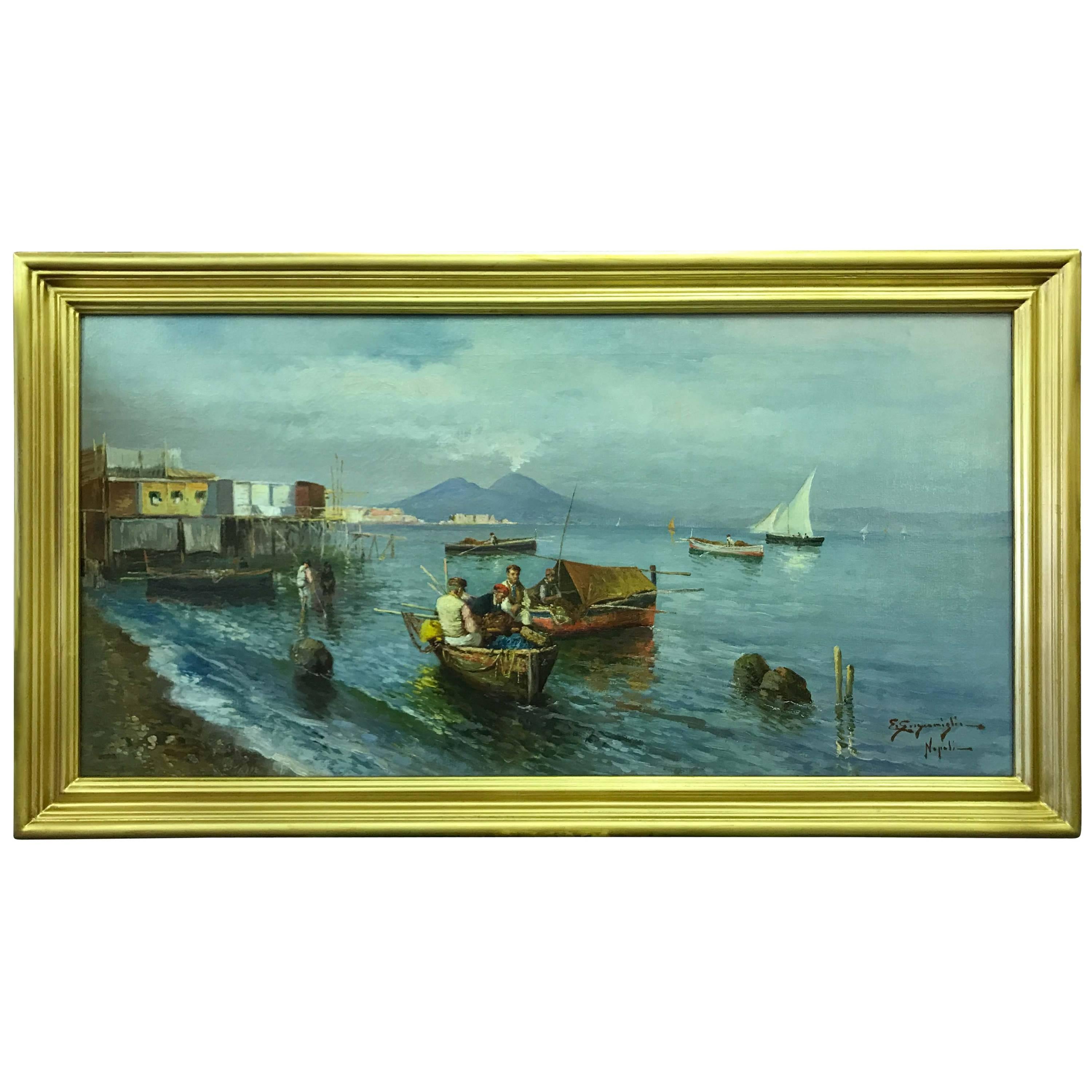 "Fishing Boats in the Bay of Naples" Oil Painting For Sale