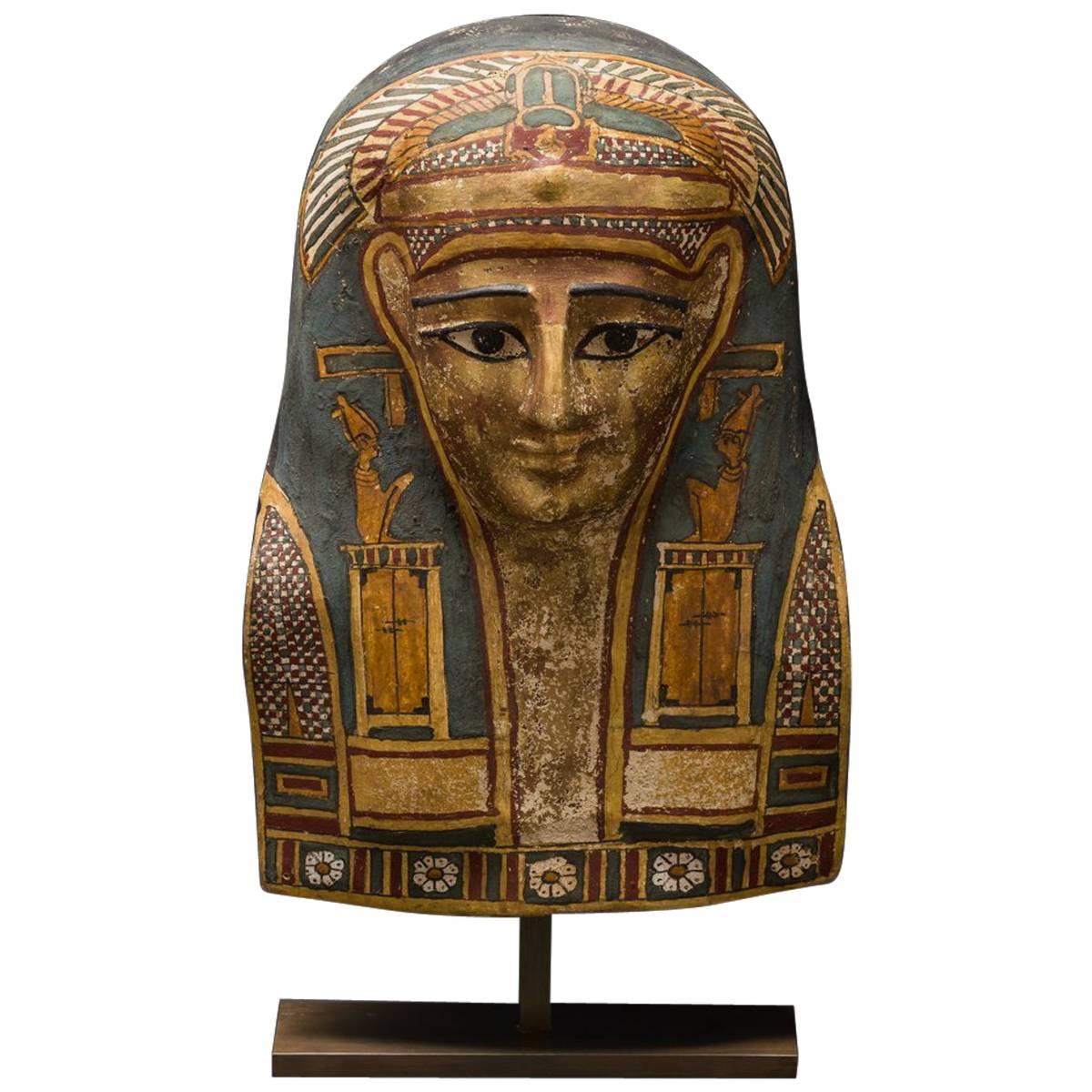 Egyptian Cartonnage Mask of a Man Wearing an Elaborate Painted Headdress For Sale