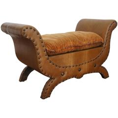 20th Century Renaissance Style Leather Fireplace Bench or Footstool with Pillow 11