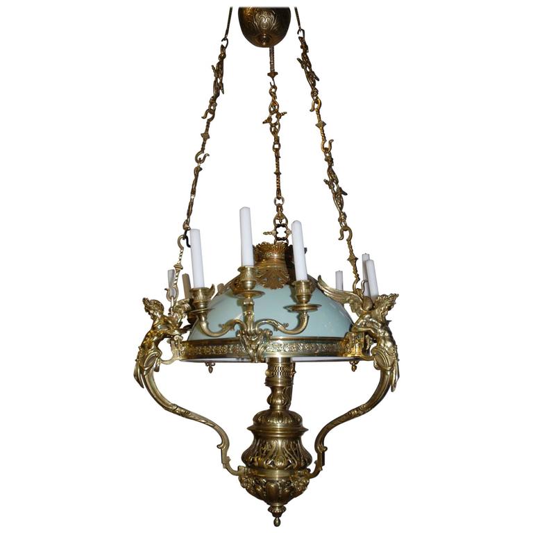 Large French 19th Century Neoclassical Style Bronze Oil Lamp Pendant Large French 19th Century Neoclassical Style Bronze Oil Lamp Pendant With Zeus For