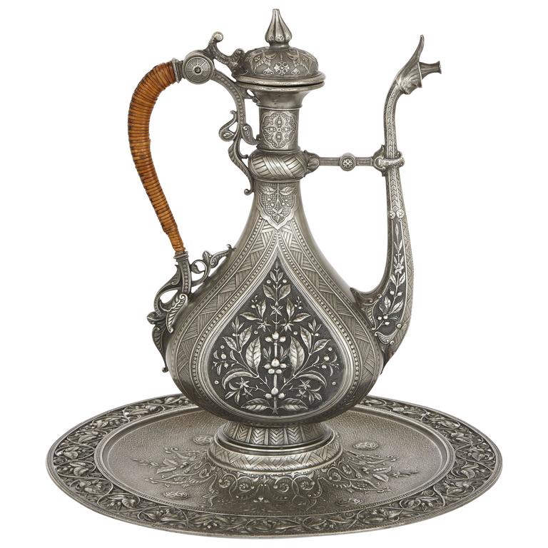 Finely Engraved Antique Pewter Ewer And Basin By J Brateau Finely Engraved Antique Pewter Ewer And Basin By J Brateau