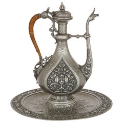 Finely Engraved Antique Pewter Ewer and Basin by J. Brateau