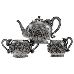 Antique 19ème siècle chinois Export Tu Mao Xing argent massif Dragon Tea Set