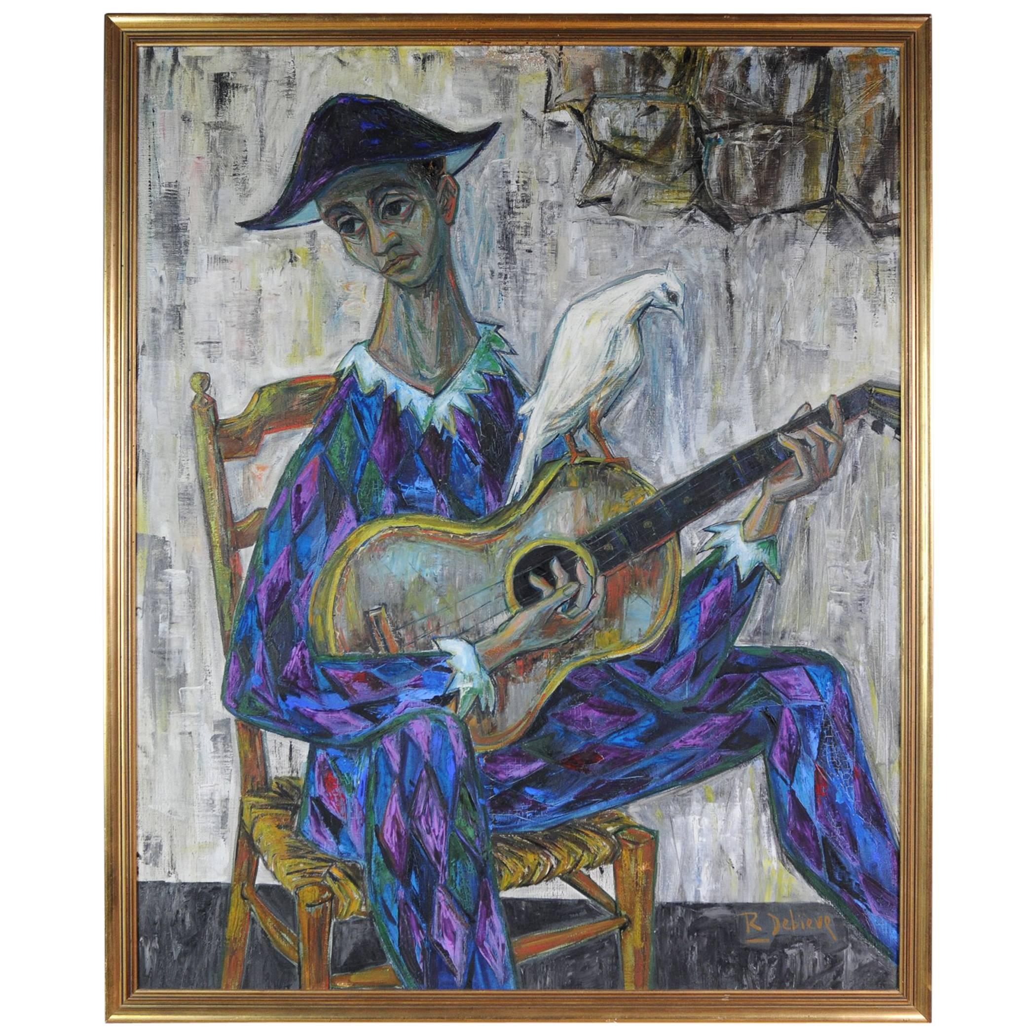 "The Harlequin with Dove", Robert Debiève's Oil on Canvas, France, 1957