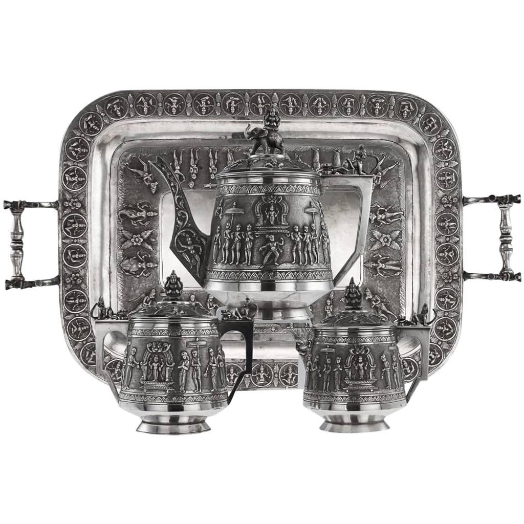 Antique 19th Century Indian Solid Silver Swami Tea Set, P. Orr Manner, Madras